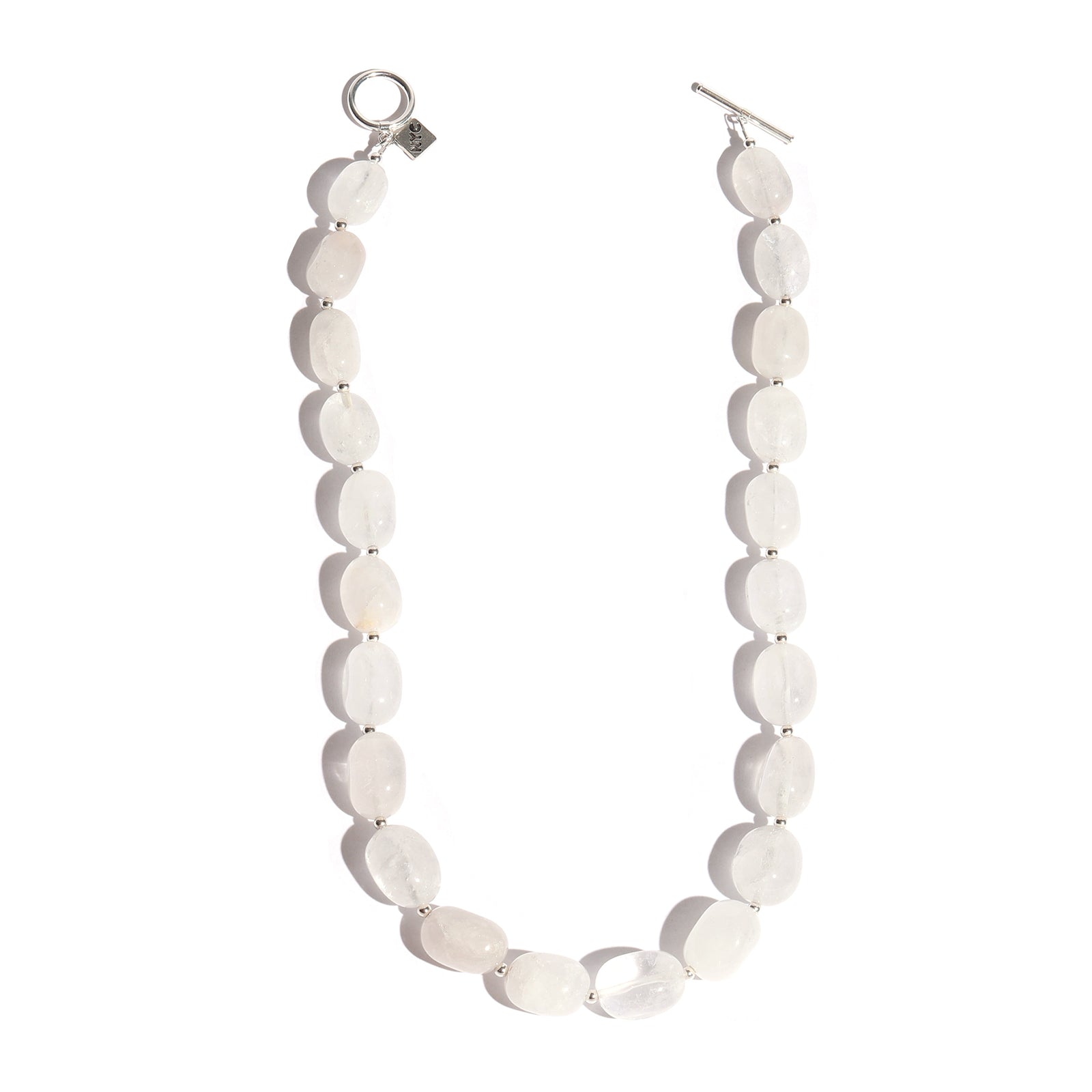 Necklace with white circular beads on a white background