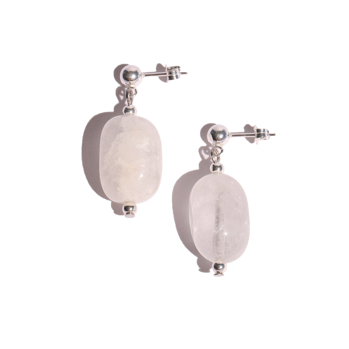 Pair of earrings with white oval quartz on a white background