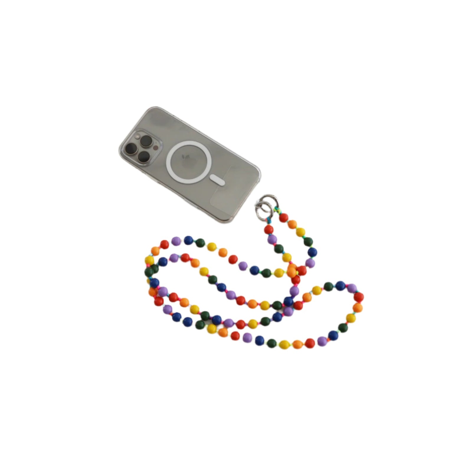 Smartphone with a colorful beaded lanyard on a white background