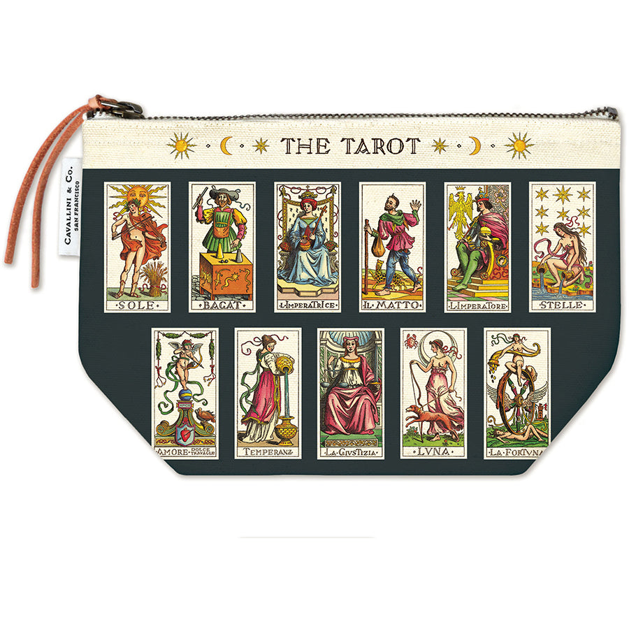 Pouch with tarot card designs on a white background