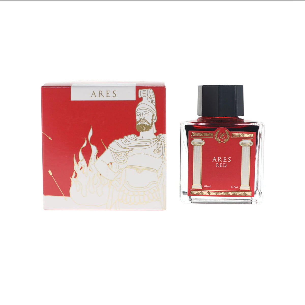 Ares Red perfume bottle and its red packaging box with gold illustrations, set against a plain white background.