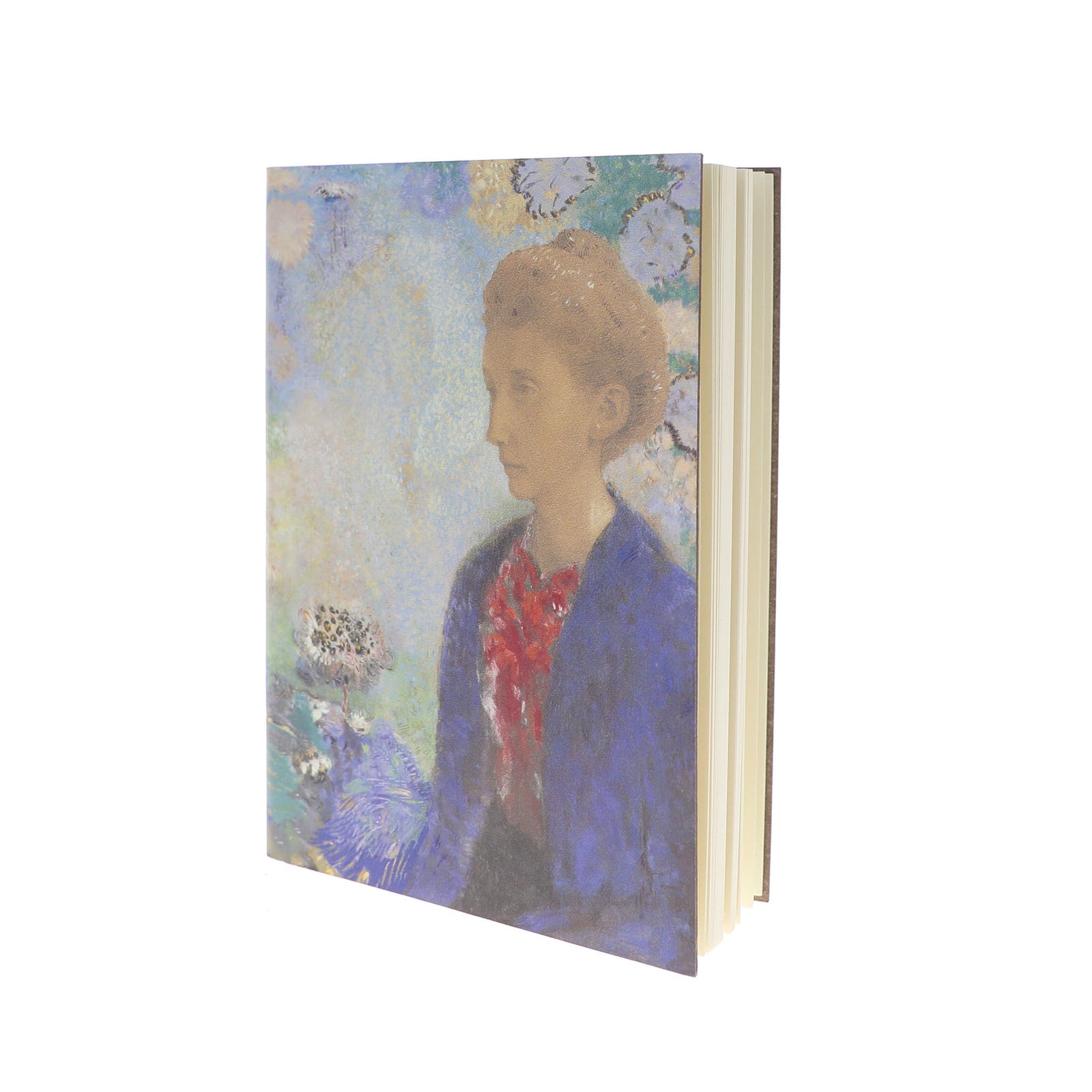 A hardcover book or notebook standing upright, showing a painted portrait of a woman on the cover in soft blue, lavender, beige, and red tones, photographed on a plain white background.