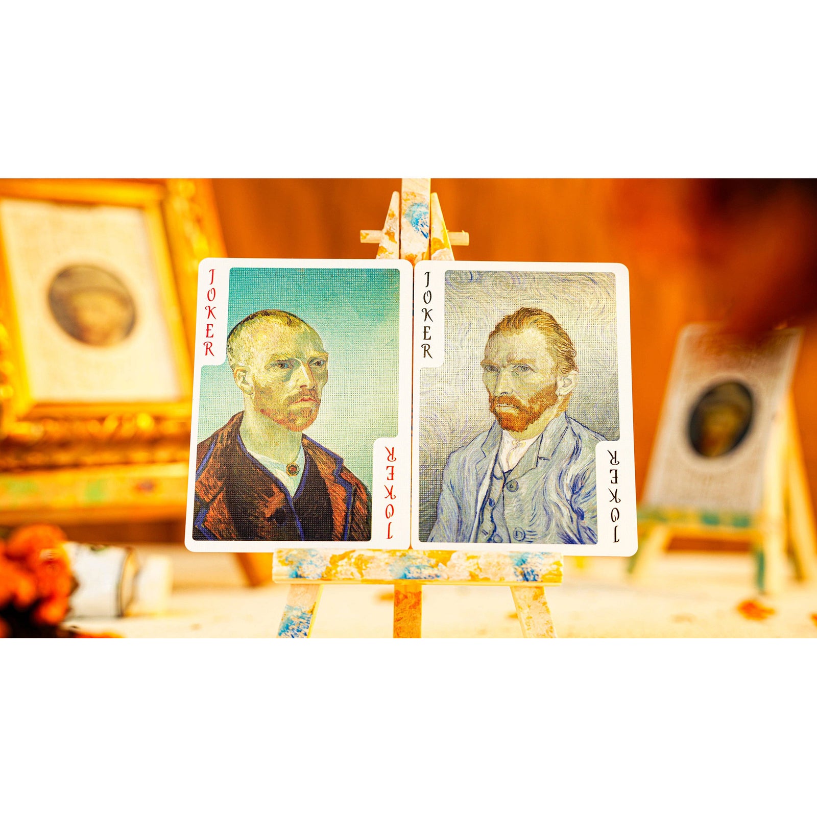 A boxed deck of Van Gogh playing cards featuring a stylized portrait of Vincent van Gogh in muted blue-green and beige tones, with gold decorative border details and the text 'VAN GOGH PLAYING CARDS' at the bottom.