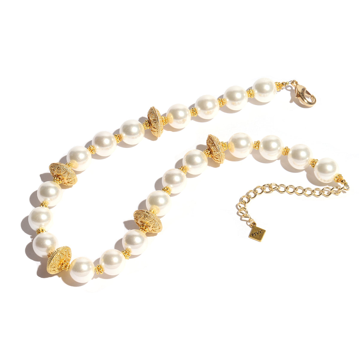 Pearl necklace with gold accents on a white background