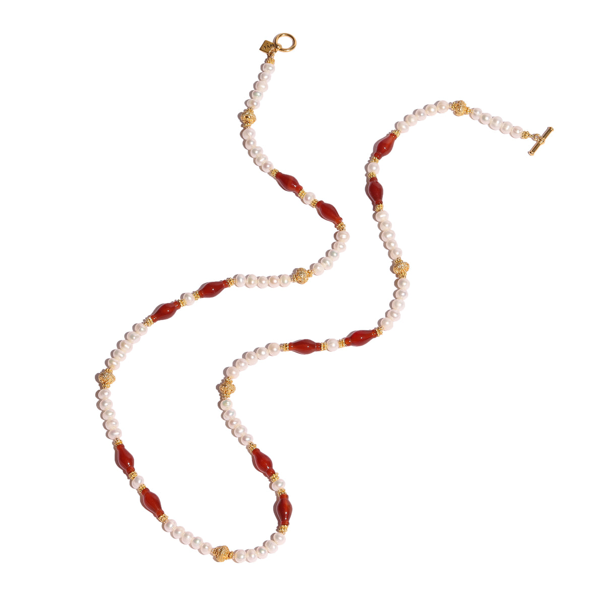 Necklace with red, white, and gold beads on a white background