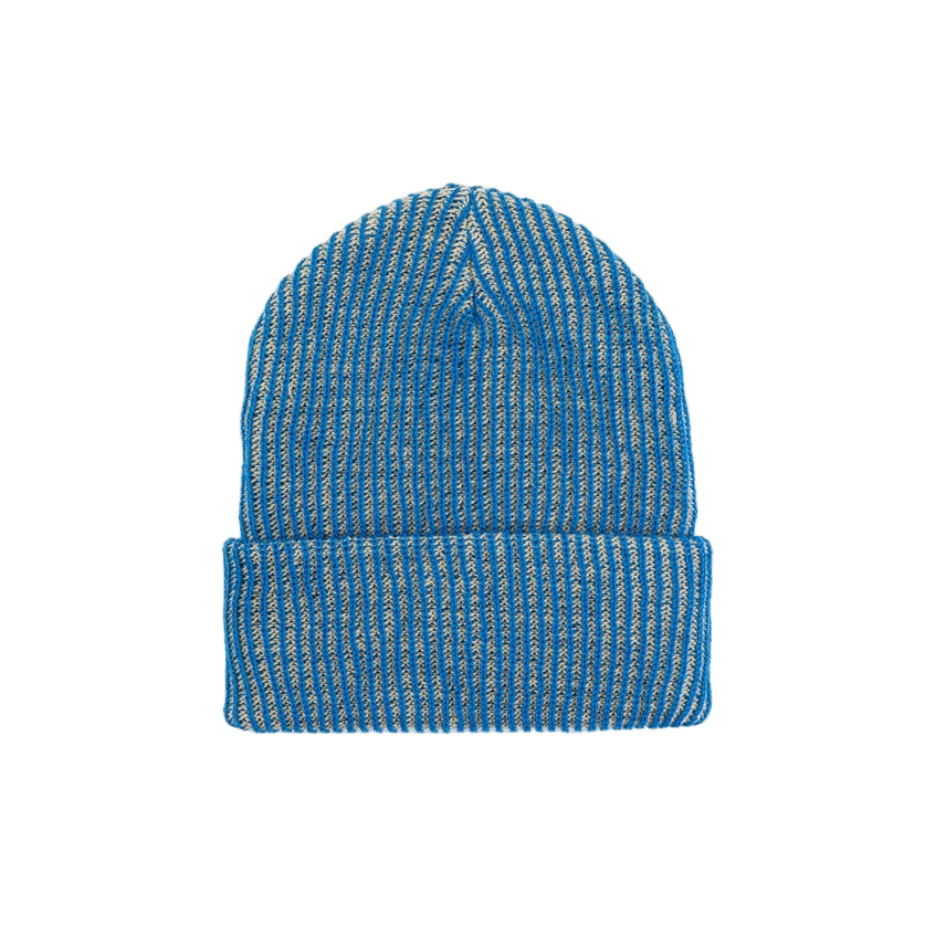 Blue striped beanie on a white background