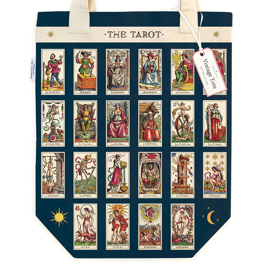 Tote bag with tarot card designs on a blue background