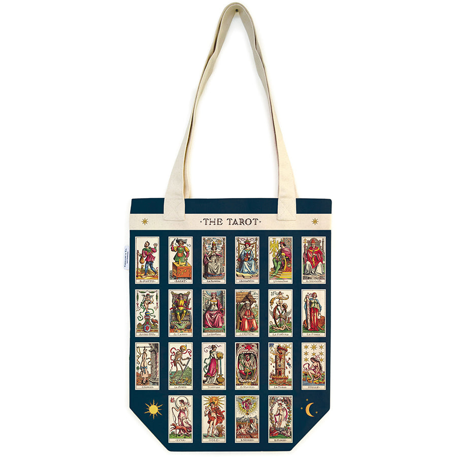 Tote bag with tarot card designs on a blue background