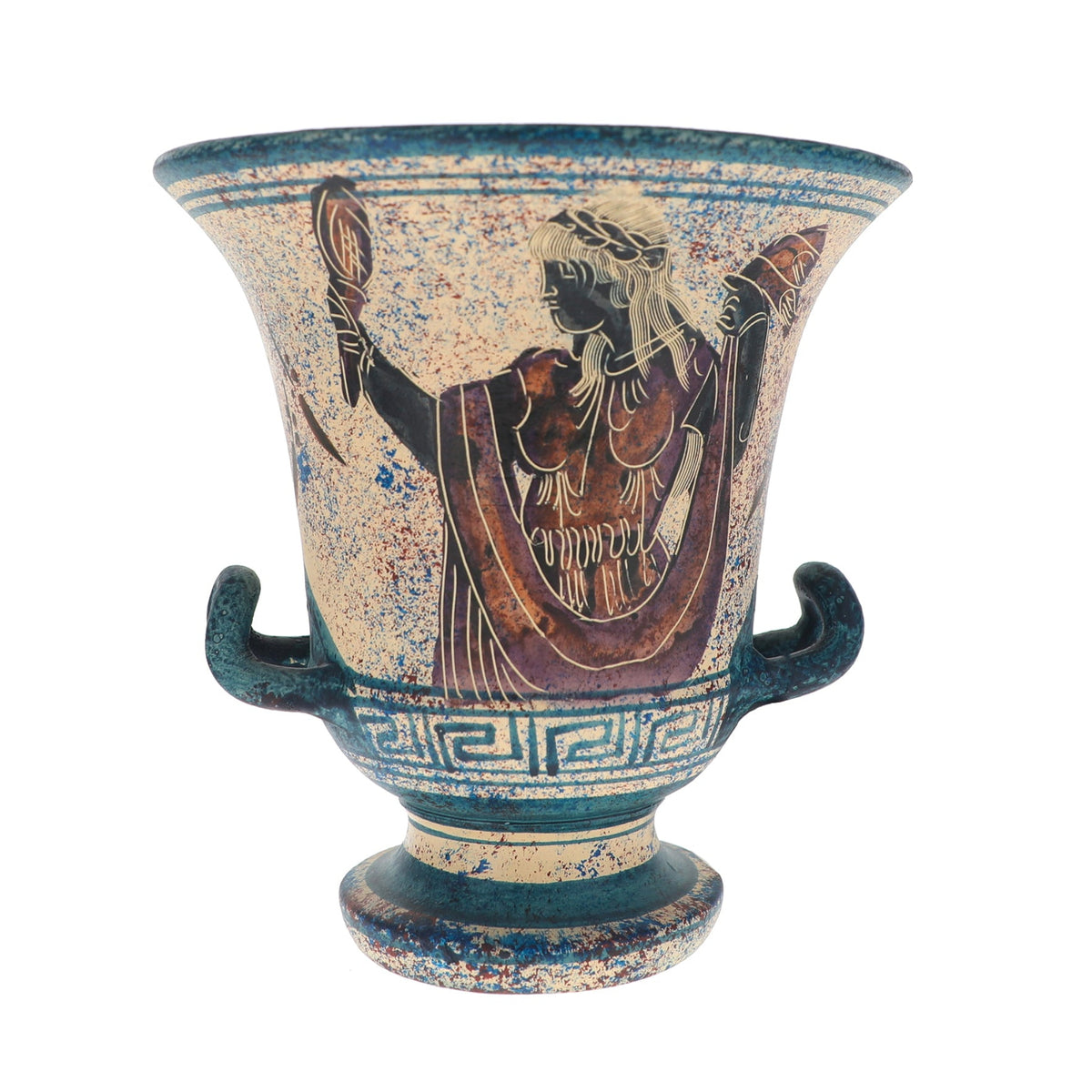 An ancient Greek-style ceramic vase with a beige speckled glaze, featuring a painted figure in brown and red robes with a blue handle and Greek key pattern.