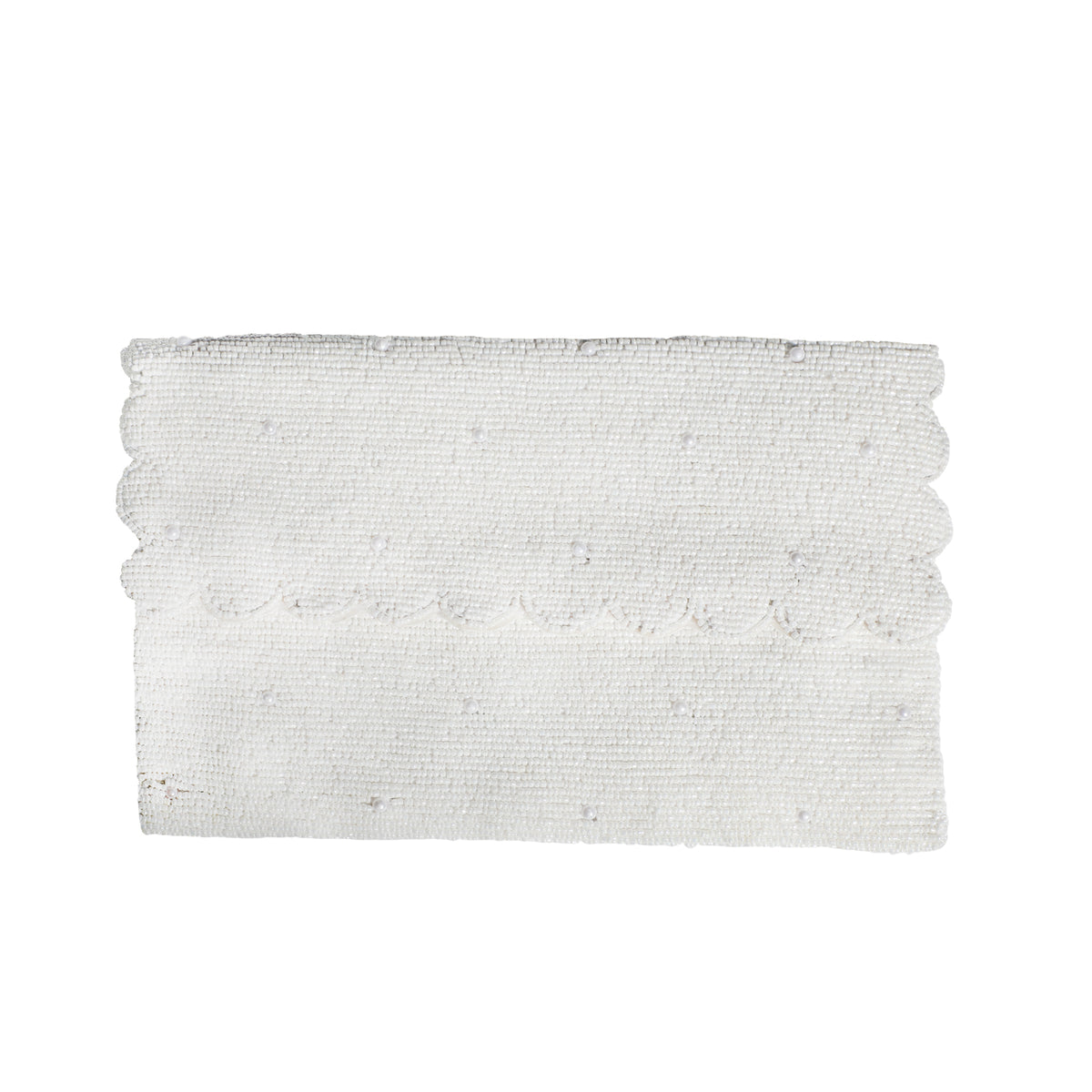 Scalloped Beaded Pearl Fold Over Clutch - White