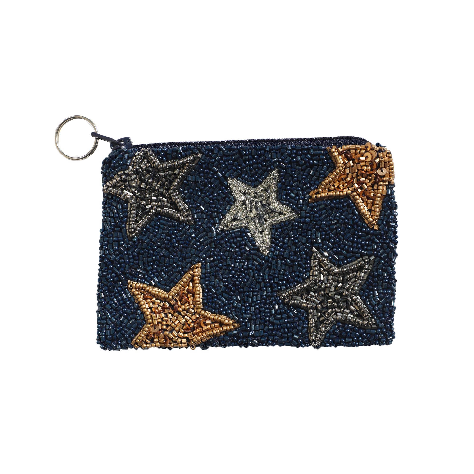 Navy blue pouch with star patterns on a white background