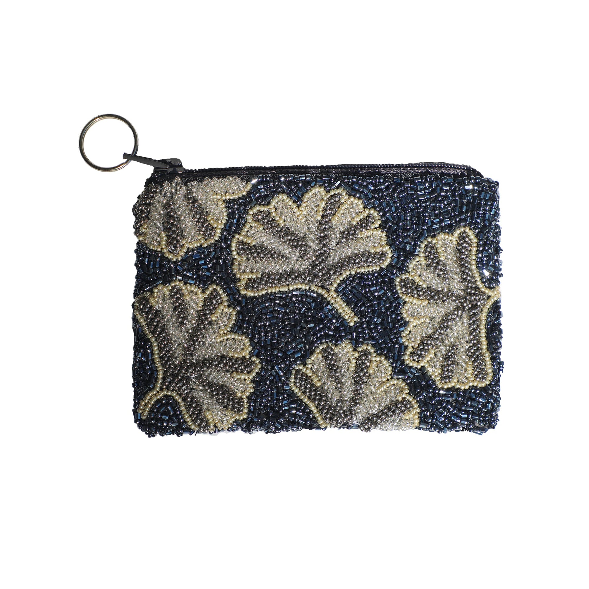 Beaded pouch with leaf pattern on a white background