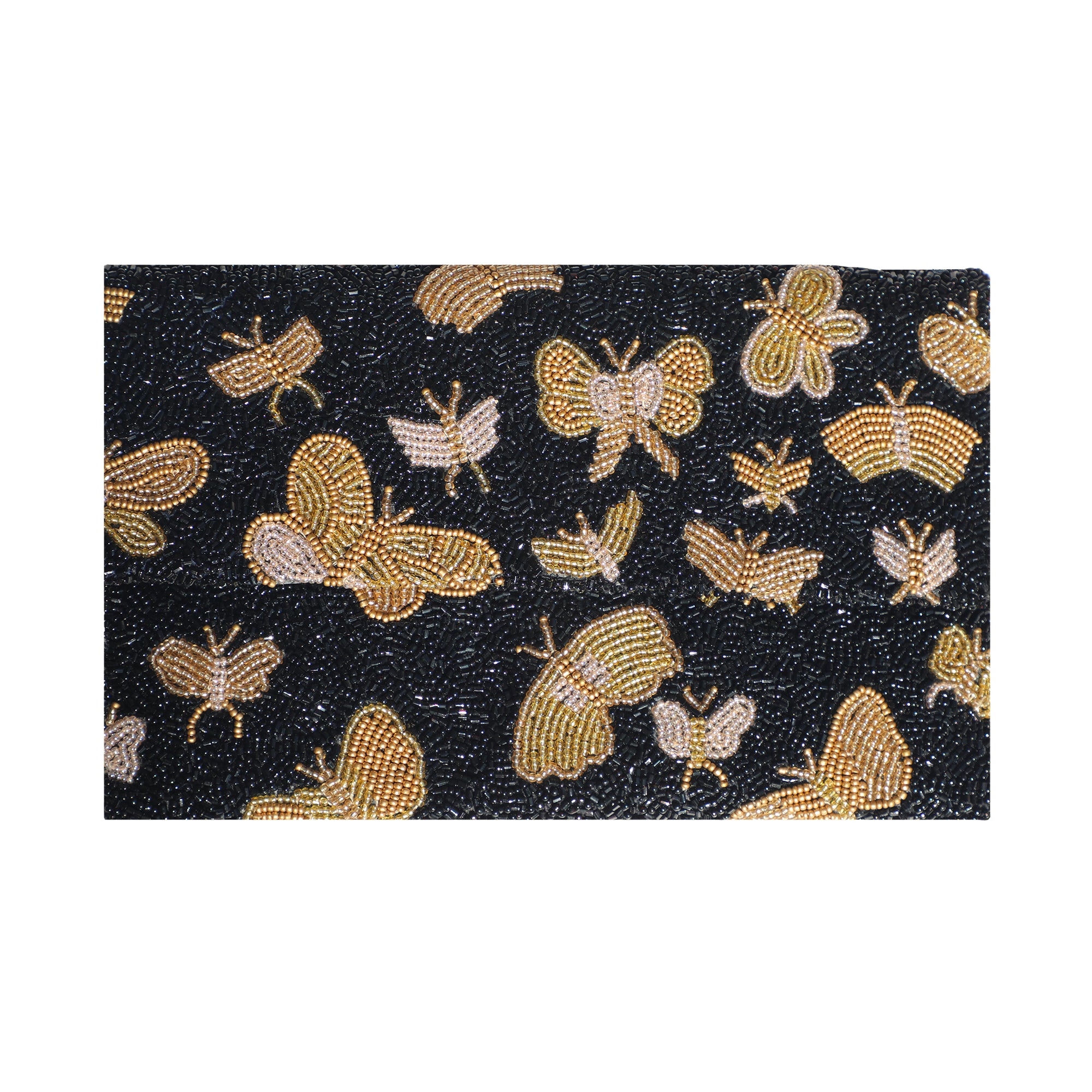 Thin clutch purse with gold and white butterfly pattern on a black background