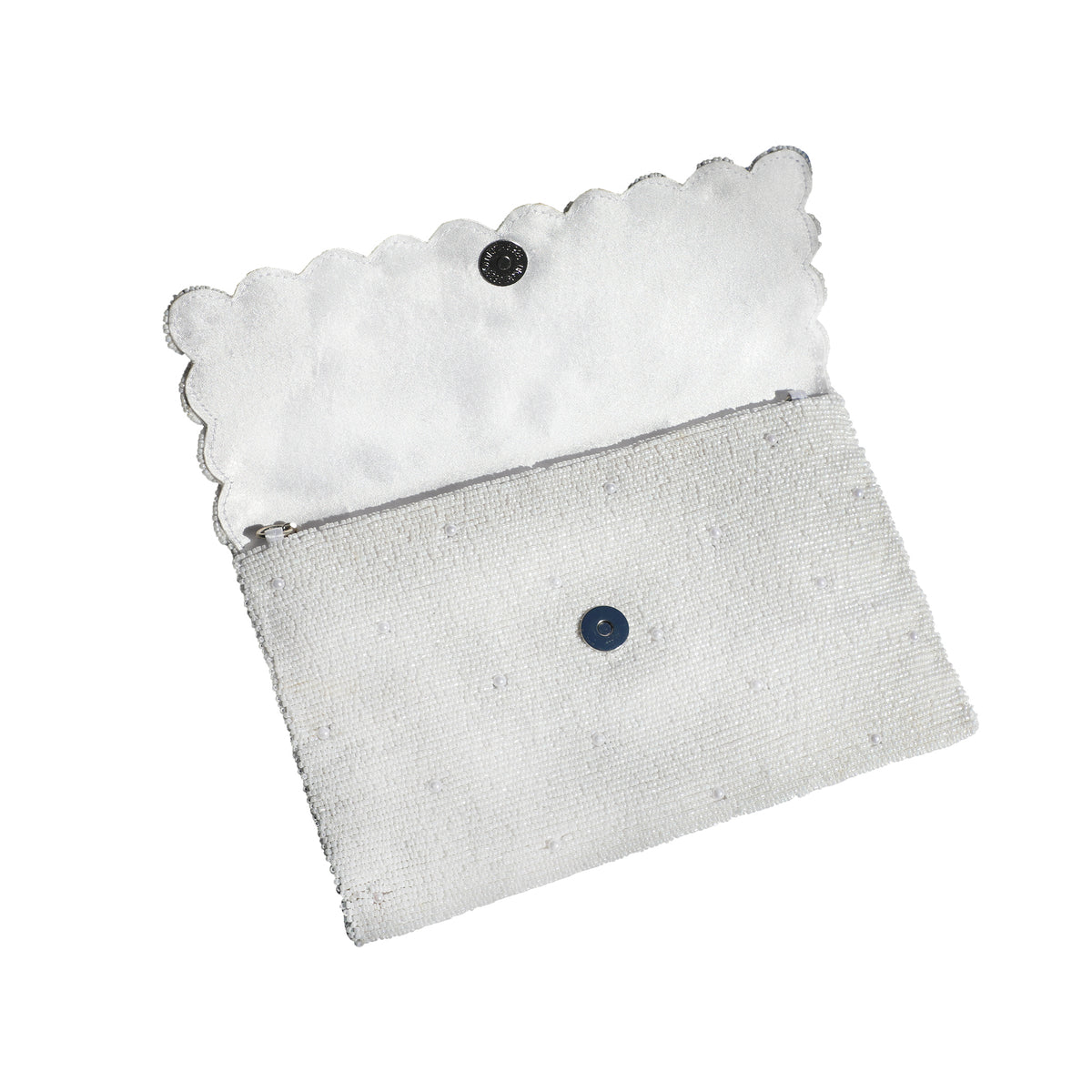 Scalloped Beaded Pearl Fold Over Clutch - White