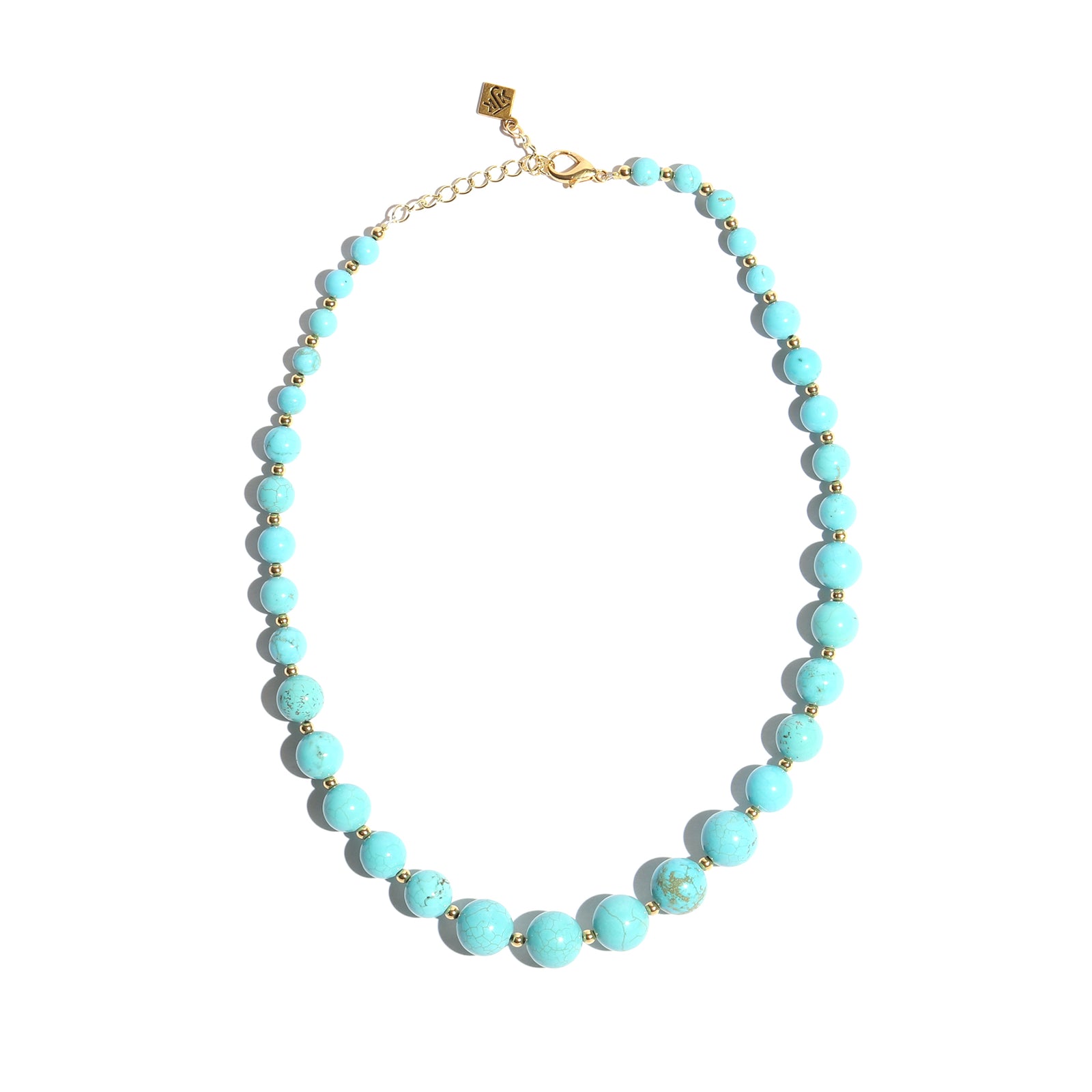 Turquoise beaded necklace with gold clasp on a white background