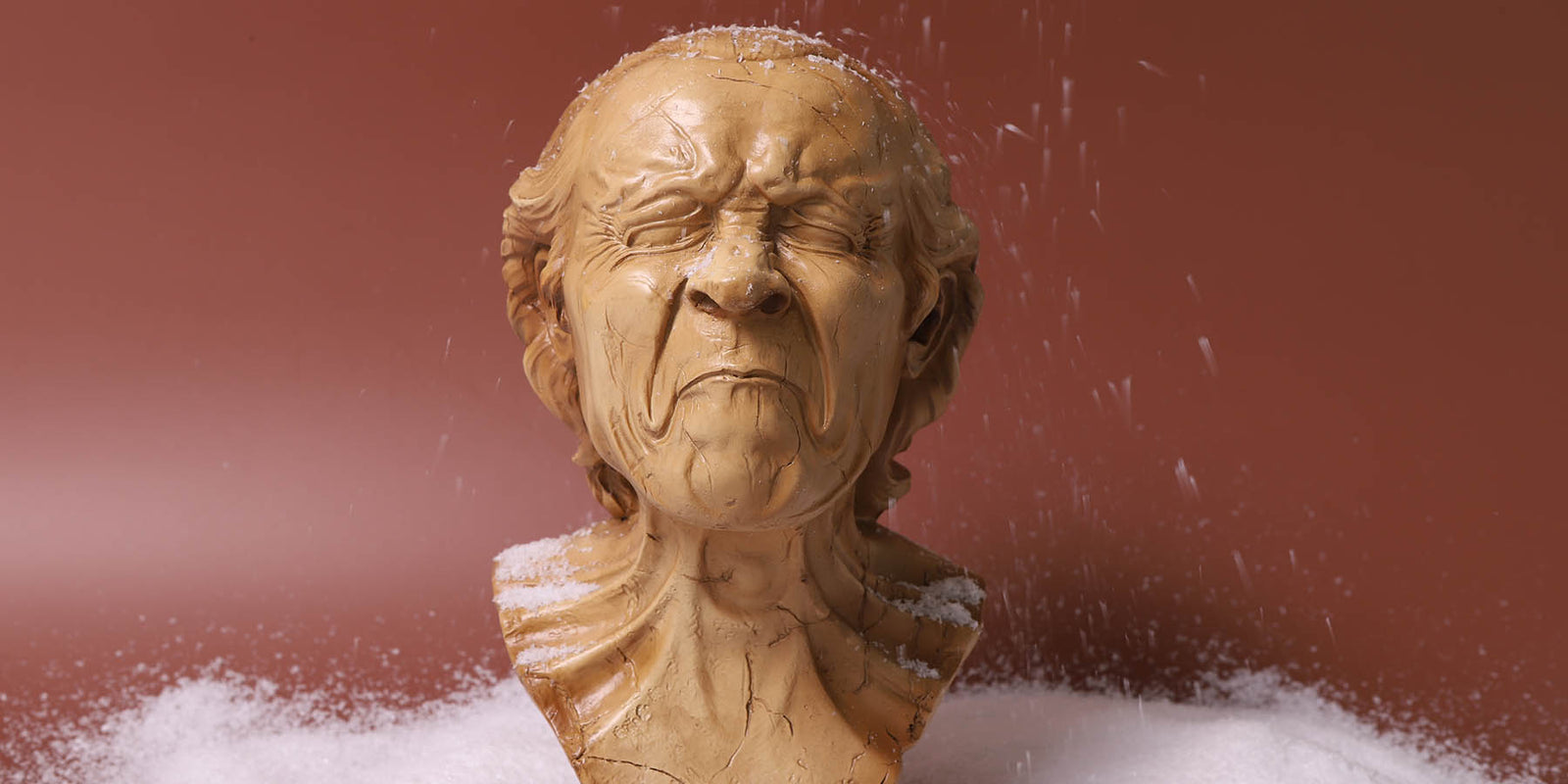 A sculpted bust of an elderly man's face, made from a light tan material like clay, wood, or bone, with white powder sprinkled over it. The bust is set against a solid reddish-brown background with white powder falling around it.