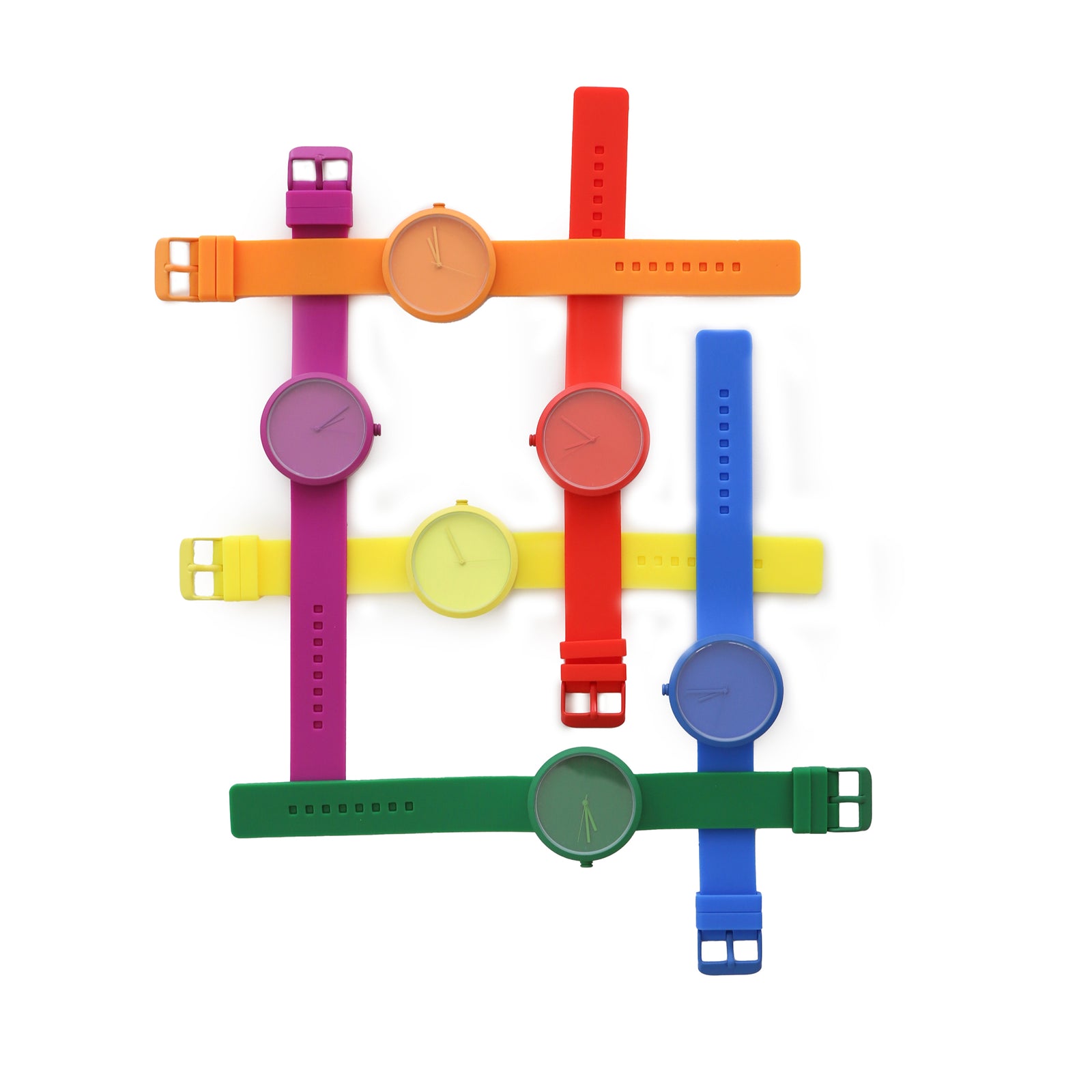 Colorful wristwatches arranged in a grid on a white background