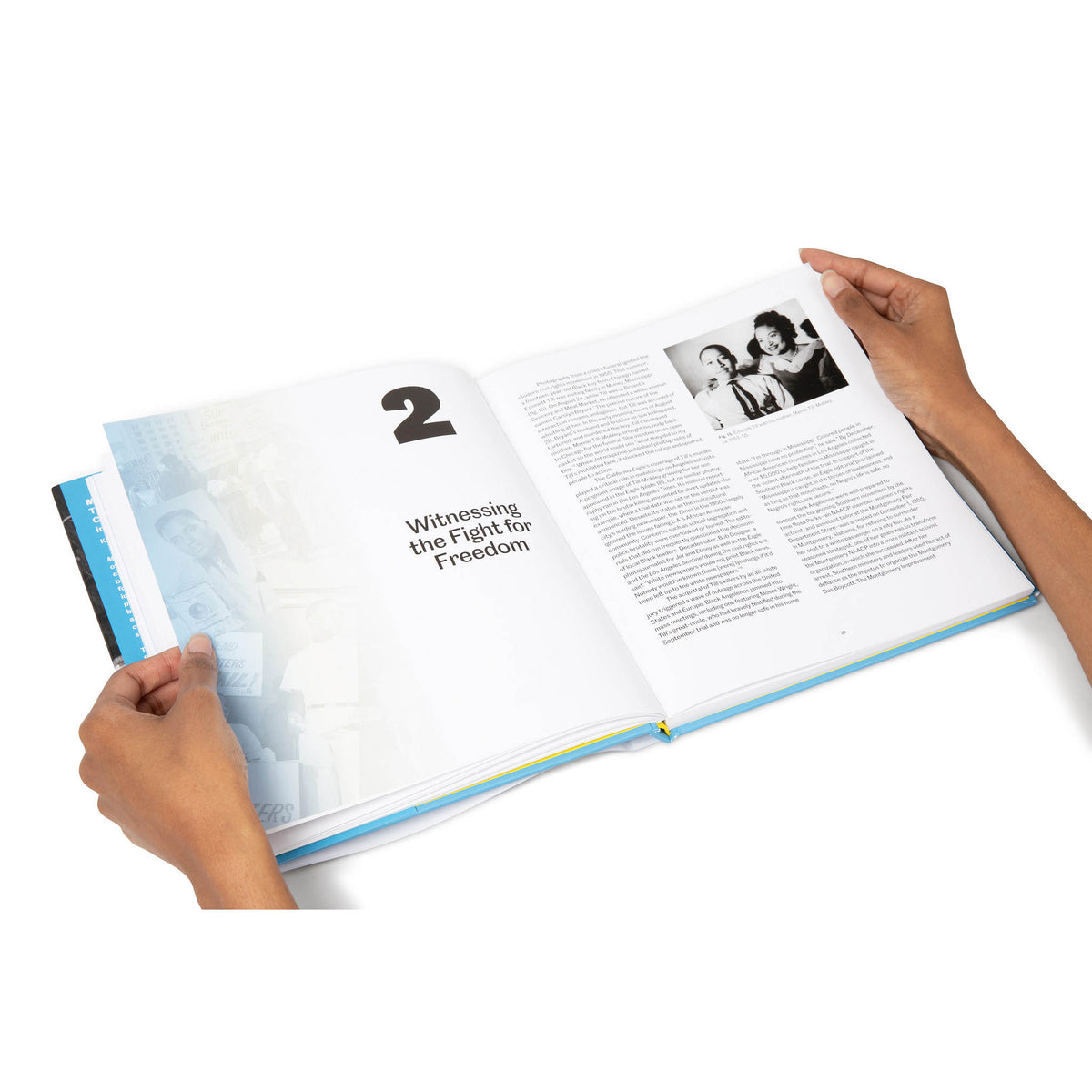 Open book with text and a photo on a white background