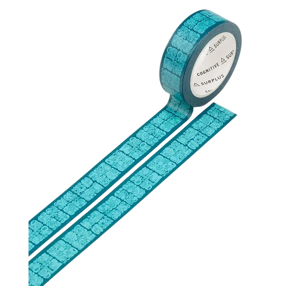 A roll of turquoise blue washi tape with a repeating pattern of Mayan script, shown partially unrolled on a clean white background. The brand label on the core reads 'CROONITIVE SURPLUS'.