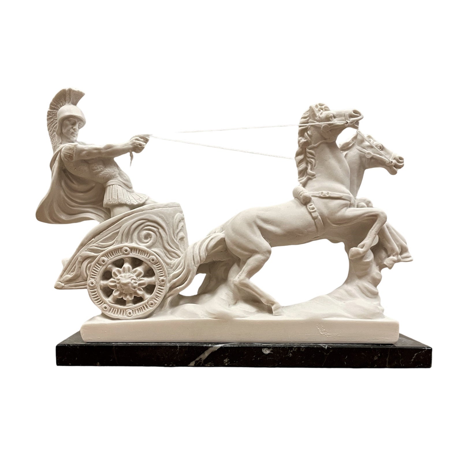 A white marble sculpture of a Roman chariot with a driver and horses, placed on a black marble base.