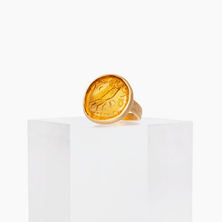 Glass Coin of Athens Motif Ring (Amber Tone)