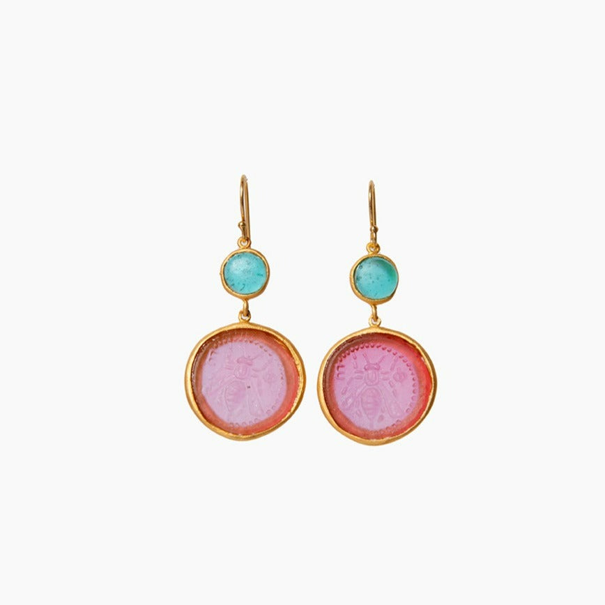 Glass Coin of Ephesos Motif Double Drop Earrings (Pink & Teal Tones)
