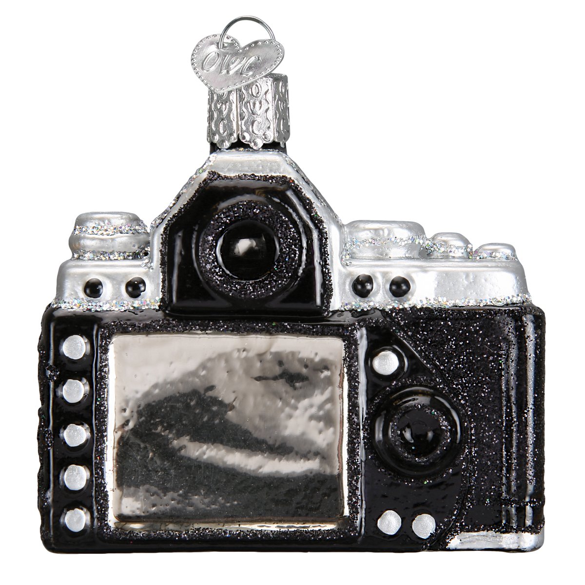 Handblown glass ornament in the shape of a camera, with black, silver, and red colors, and detailed features such as a lens and flash.