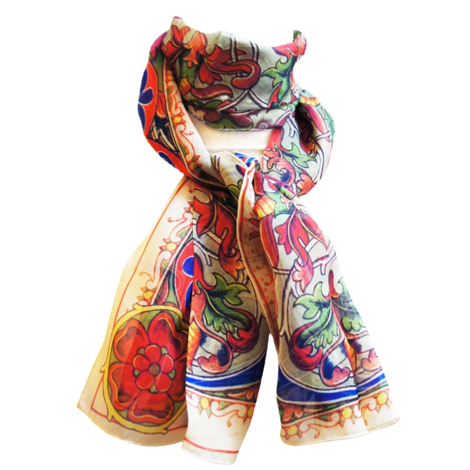 A silk scarf with a medieval-themed pattern featuring intricate designs, vibrant colors, and decorative elements.