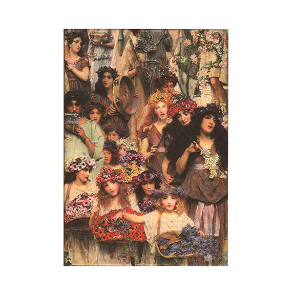 Cover of a hardcover Midi Lined journal featuring a printed reproduction of Lawrence Alma-Tadema's painting 'Spring'.