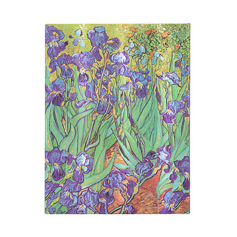A hardcover journal with a printed floral cover featuring Irises, based on Vincent van Gogh's painting.