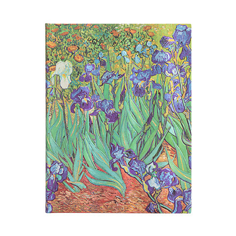 A hardcover journal with a printed floral cover featuring Irises, based on Vincent van Gogh's painting.