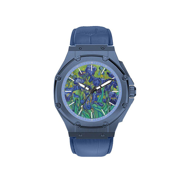 A blue stainless steel watch with a blue leather band featuring a floral pattern on the watch face, specifically resembling the 'Irises' artwork by Vincent van Gogh.