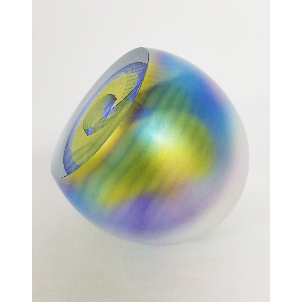 Glass Paperweight with Blue and Yellow Swirls