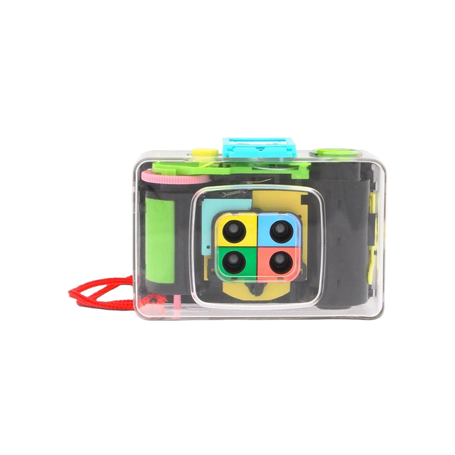 Colorful toy camera with a clear casing on a white background