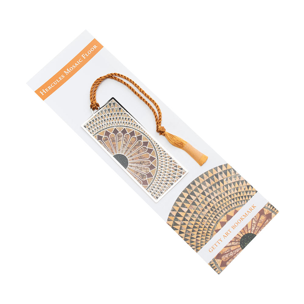 A metal bookmark featuring a detailed mosaic design with a gold finish and a tassel at the top.