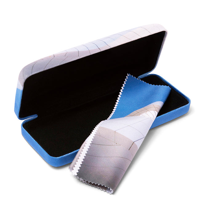 A hard eyeglass case with a microfiber lens cloth, featuring the Getty Center Museum front entrance design.