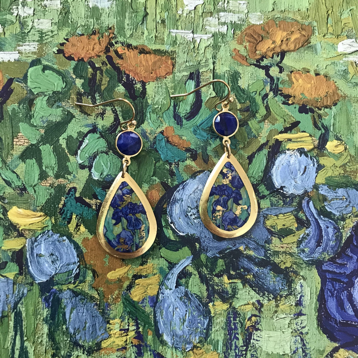 Van Gogh Irises Gold Leaf Teardrop Earrings