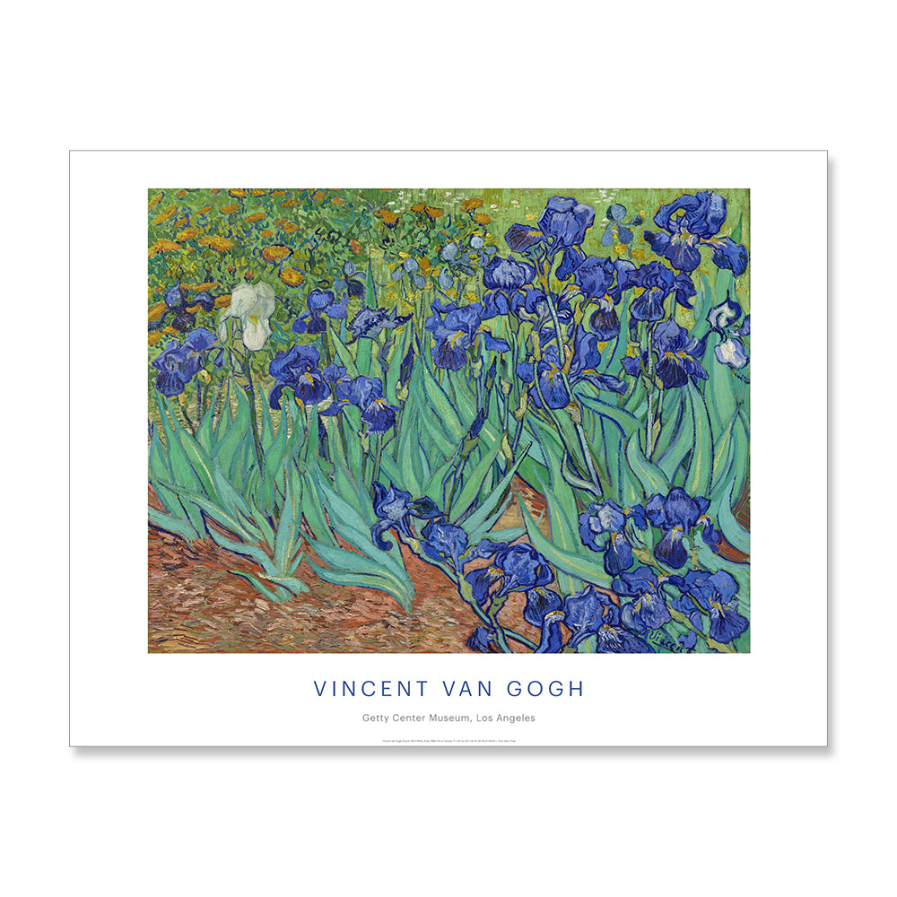 A poster featuring a reproduction of Vincent van Gogh's painting 'Irises', depicting a field of blue irises with a single white iris, primarily in vibrant colors.