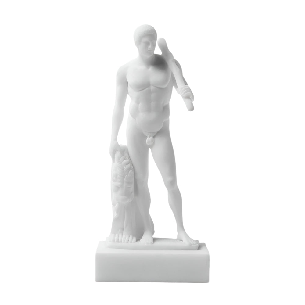 A white statue of Hercules, carrying a club and a lion skin, standing on a square base.