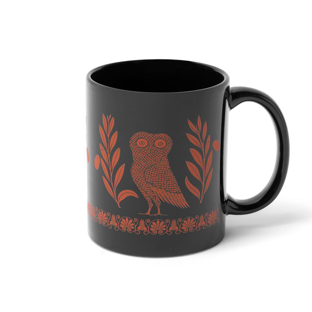 A black porcelain mug with a red Athenian owl and olive branch design.