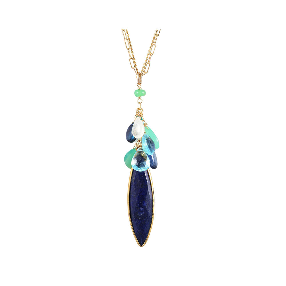 Gold Lapis Marquis, Chrysoprase, Moonstone, Apatite and Kyanite Necklace