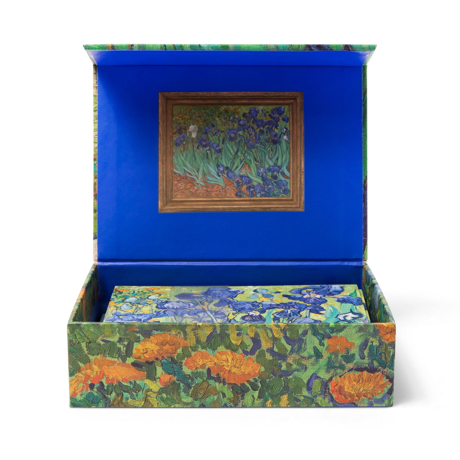 A boxed notecard set featuring the 'Irises' painting by Vincent van Gogh on the cover.