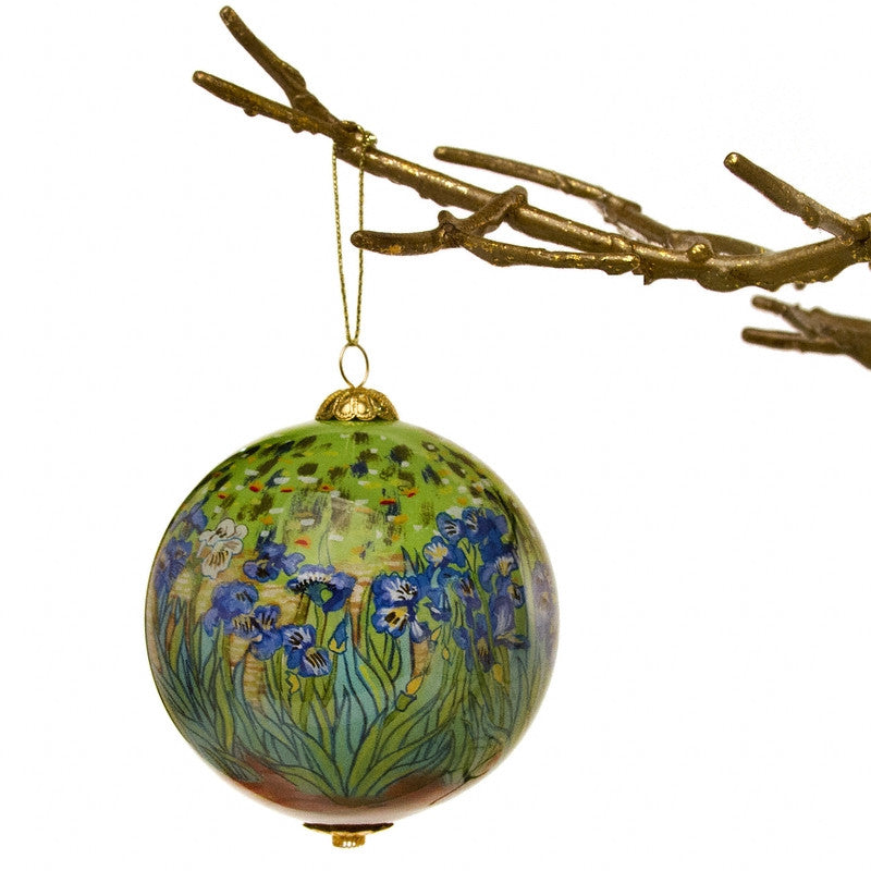 Irises Hand Painted Glass Ornament hanging on tree | Getty Store