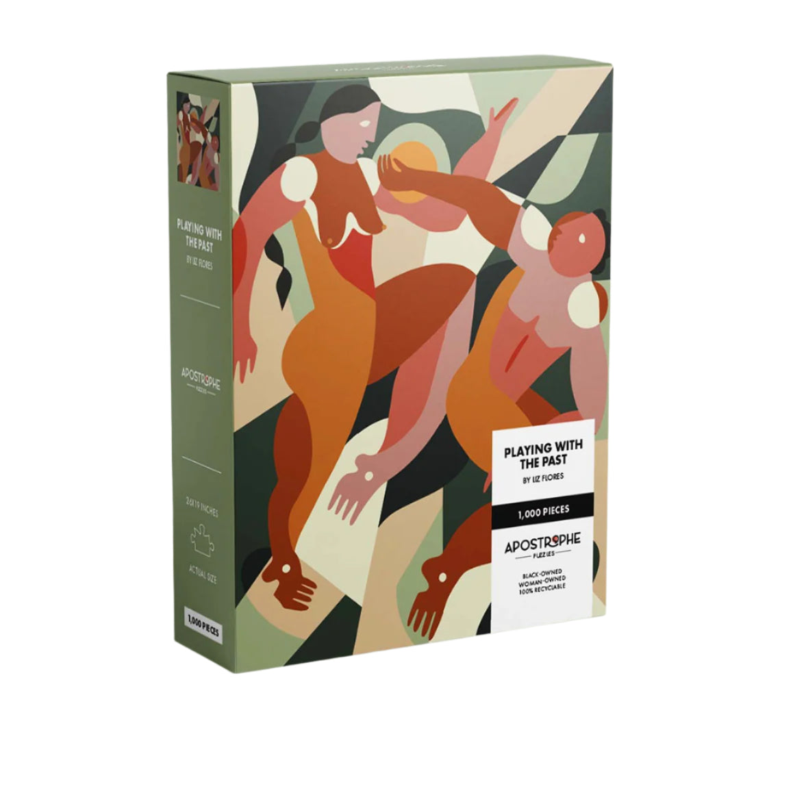 A packaged jigsaw puzzle with a abstract artistic depiction of figures on the box cover, produced by Apostrophe Puzzles.