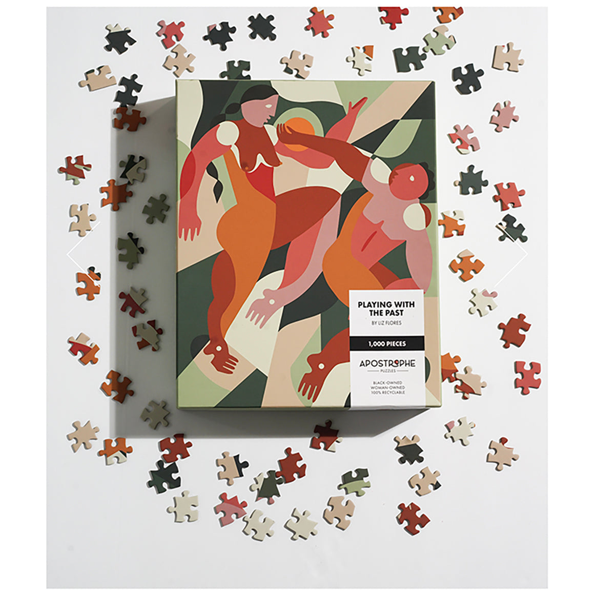 A packaged jigsaw puzzle with a abstract artistic depiction of figures on the box cover, produced by Apostrophe Puzzles.