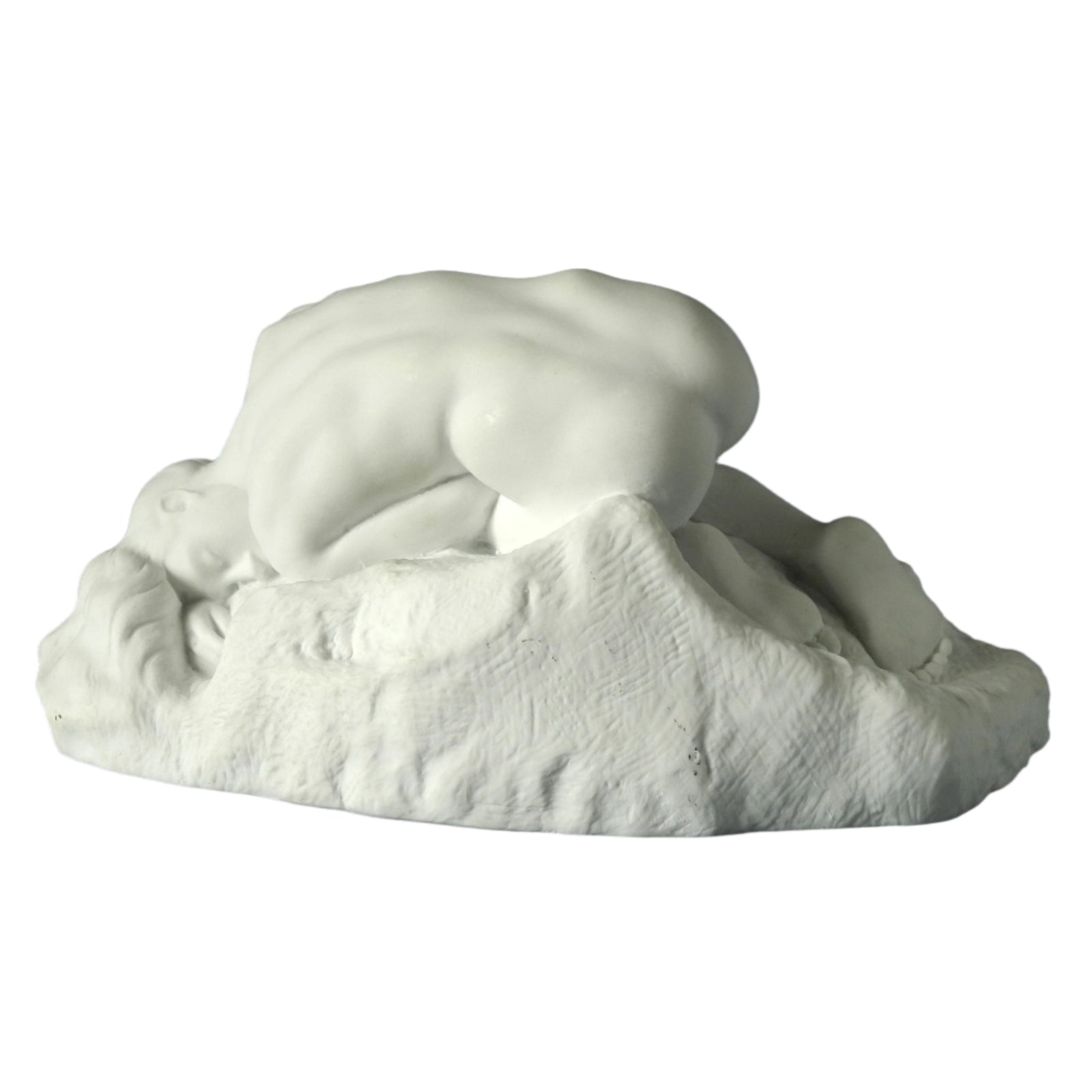 A sculpture of a reclining nude female figure, crafted in white resin and stone powder, depicting a scene from Greek mythology.