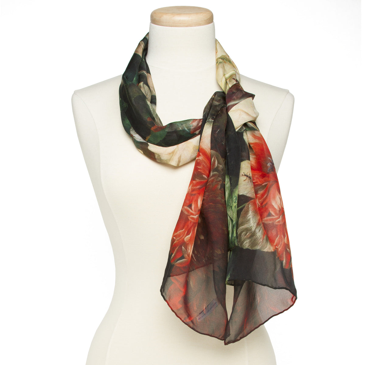 Vase of Flowers Silk Scarf shown on mannequin | Getty Store