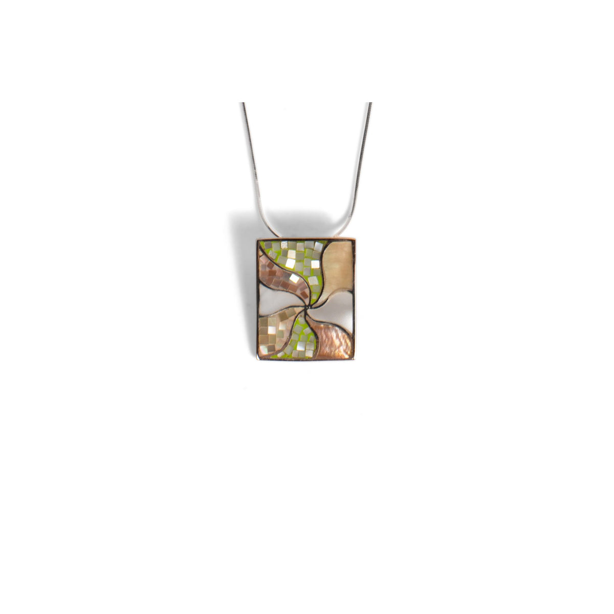 Mother-of-Pearl Rectangle Multi-Tone Mosaic Pendant Necklace