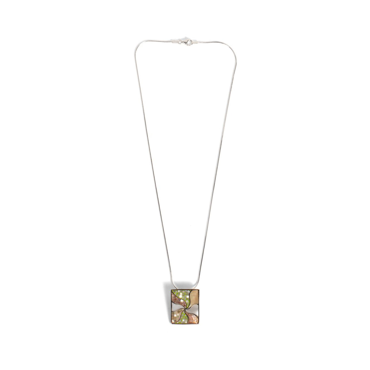 Mother-of-Pearl Rectangle Multi-Tone Mosaic Pendant Necklace