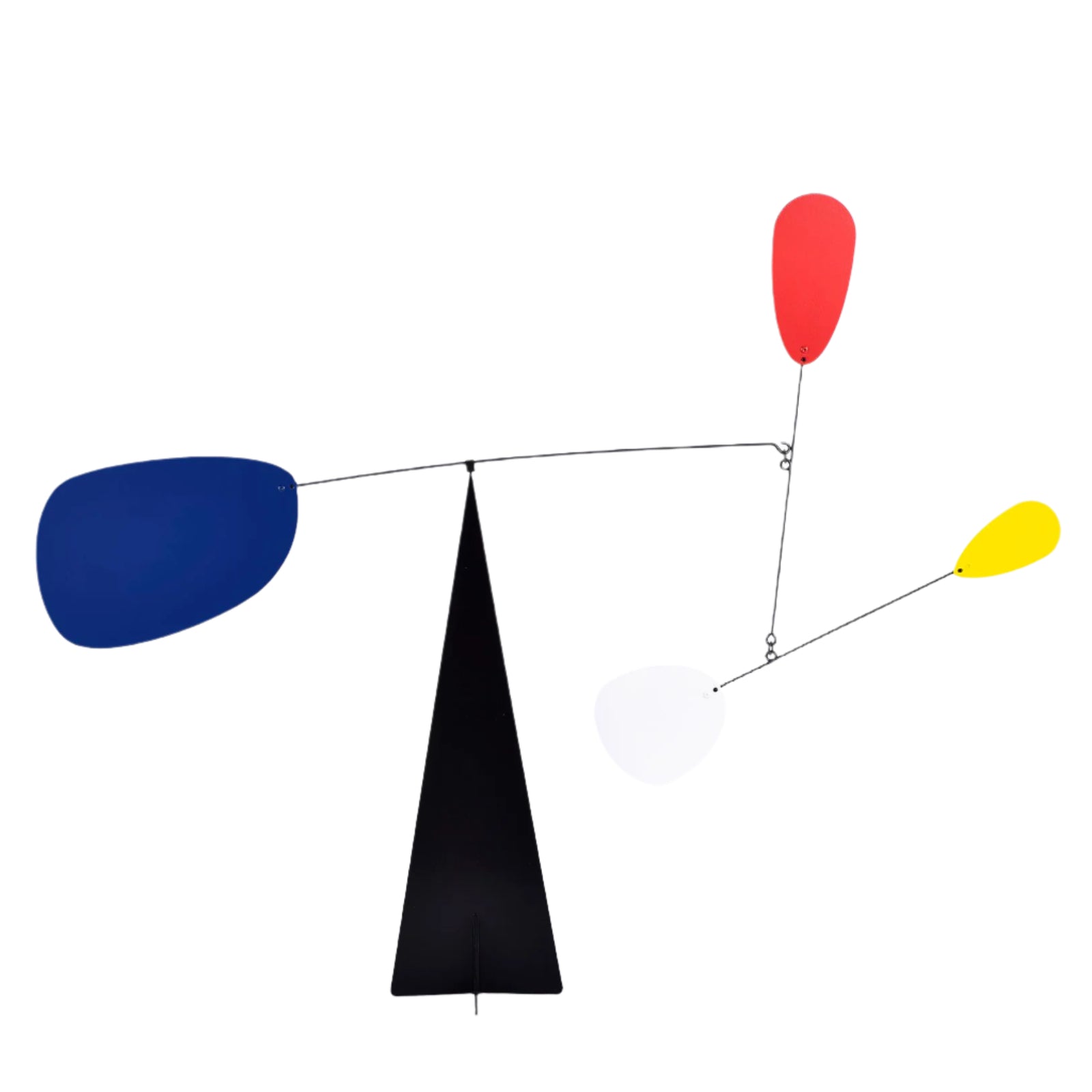 A contemporary metal desk mobile with elliptical shapes in blue, red, white, and yellow, balanced on a black stand.